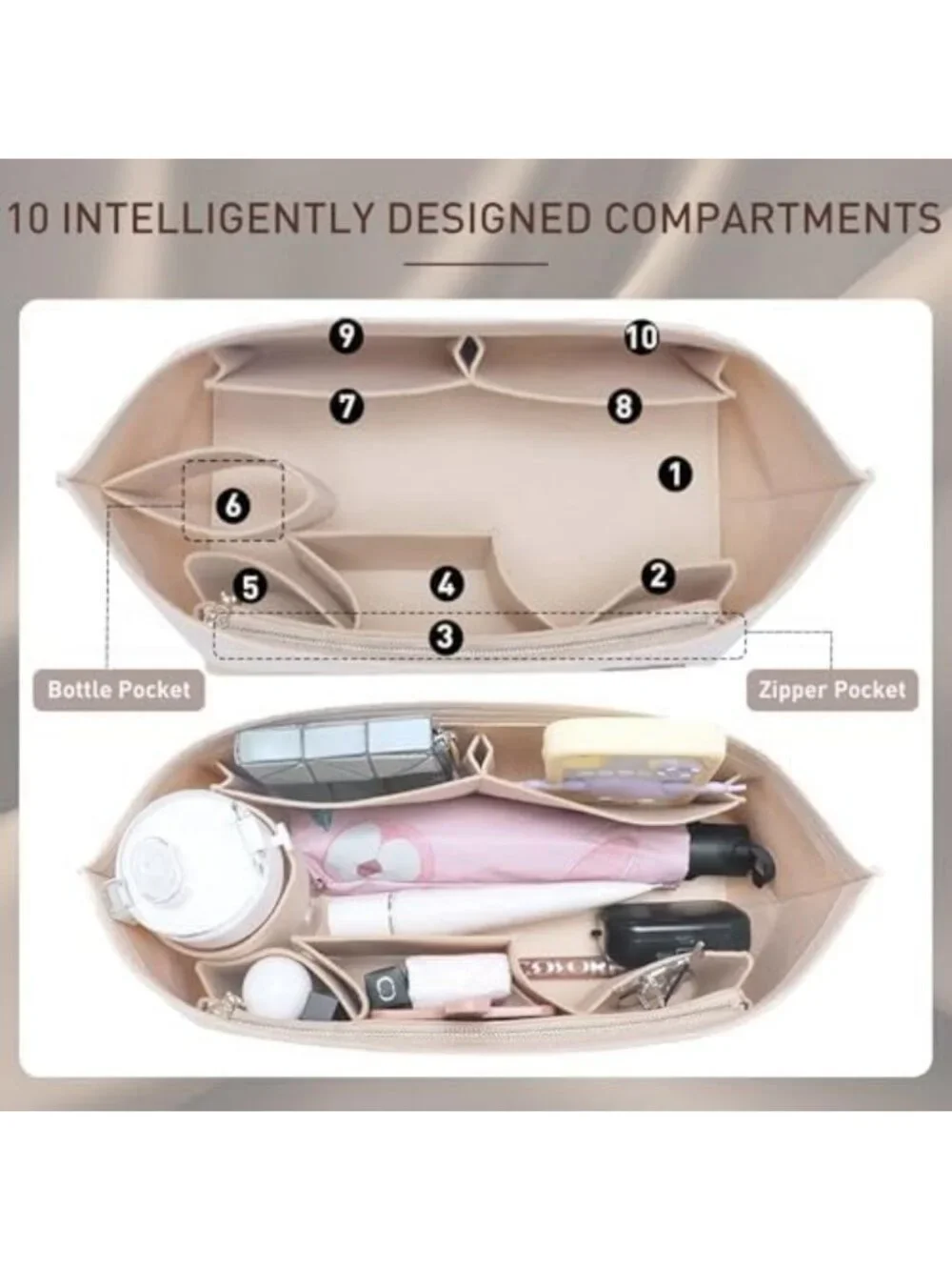 Beige Handbag Organizer Insert Set - 2pc Tote Bag Organizer with Zipper & Bottle